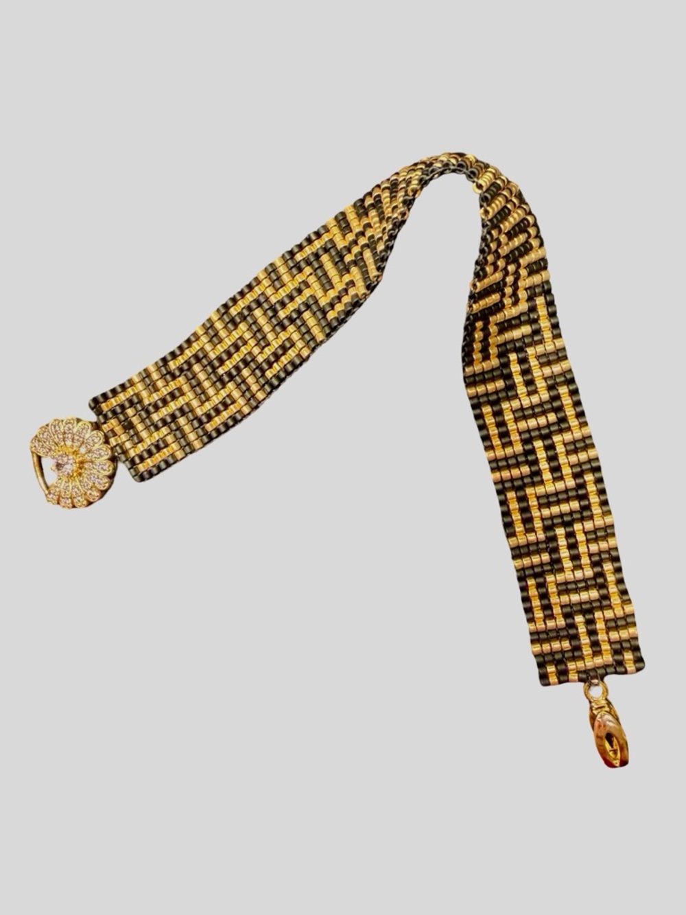 Black Gold Art Deco Beaded Bracelet | Geometric Loom Cuff | CZ Clasp - Picture 9 of 11